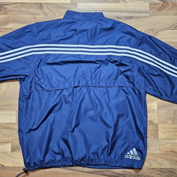 Adidas Mens Large Snap Pullover Windbreaker Jacket Navy Blue 3-Stripes Retro - Picture 4 of 7